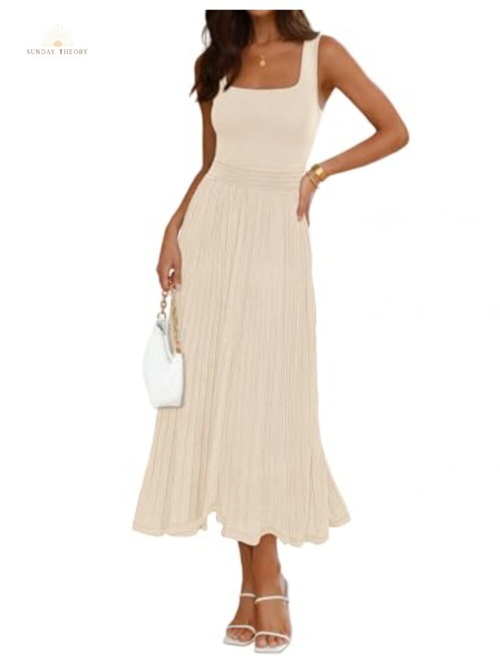 Sleeveless Midi Dress Square Neck Ribbed Knit A-Line Cocktail Work